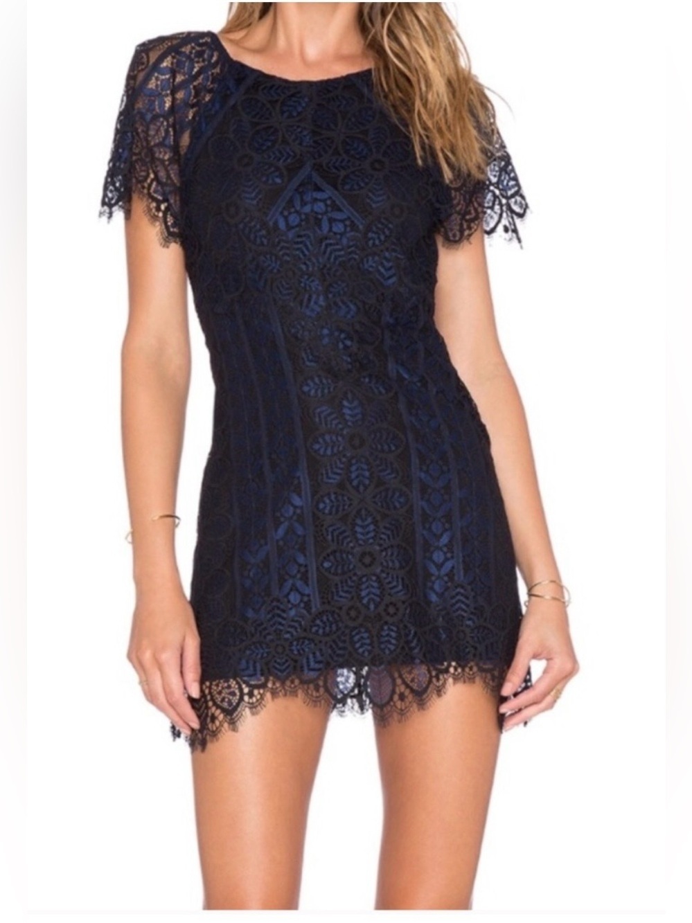For Love & Lemons Lyla Lace Feminine  Mini Dress Midnight Blue Open Back Size S